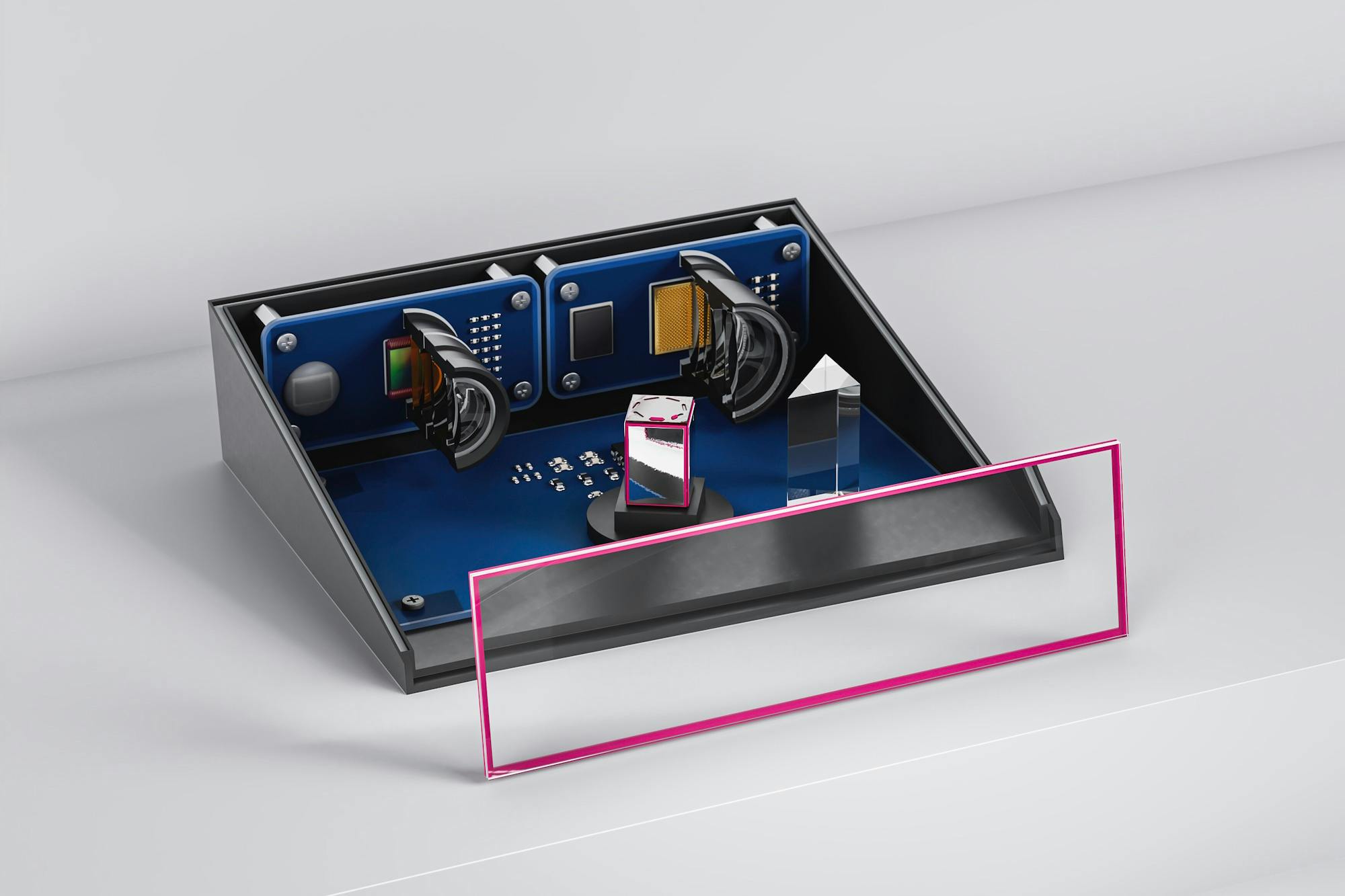 LiDAR sensor exploded view with mirror bonding and cover window bonding applications highlighted in magenta for illustration (Figure: DELO)