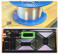 A comparison of a fiber spool and Caltech’s new spiral waveguide chip. A comparison of a fiber spool and Caltech’s new spiral waveguide chip.
