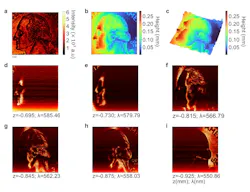 Surface profilometry and optical sectioning of a U.S. quarter, with a 10-µm lateral step size (tilted toward the metalens to correspond to the focal plane of longer wavelength illumination). At each lateral position, the researchers recorded a reflected spectrum, which enabled two reconstruction modalities, surface profilometry, and optical sectioning to be derived from the same spectral data set via different processing strategies. Surface profilometry and optical sectioning of a U.S. quarter, with a 10-µm lateral step size (tilted toward the metalens to correspond to the focal plane of longer wavelength illumination). At each lateral position, the researchers recorded a reflected spectrum, which enabled two reconstruction modalities, surface profilometry, and optical sectioning to be derived from the same spectral data set via different processing strategies.