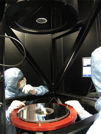A 475mm diameter optical flat used as a reference surface to check the accuracy of the integration of the main mirrors in a satellite payload structure (courtesy: Optical Surfaces Ltd.)