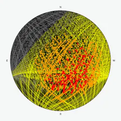 This diagram shows the number of satellites that would be visible above ESO’s Very Large Telescope (VLT) if SpaceX gets approval to launch their planned constellation of 1 million satellites. Hainaut’s calculations were done about two hours after sunset. Gray dots are satellites in the Earth’s shadow, and the colored dots are illuminated satellites. Orange dots, ~2,000 of them, correspond to satellites brighter than magnitude 7. Red dots, more than 200, are satellites brighter than magnitude 5.