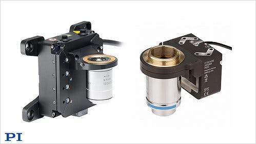 PI objective focusing stages: voice coil (left) for long travel to 7mm; piezo (right) for compact size and fast response with travel ranges to 800&micro;m.