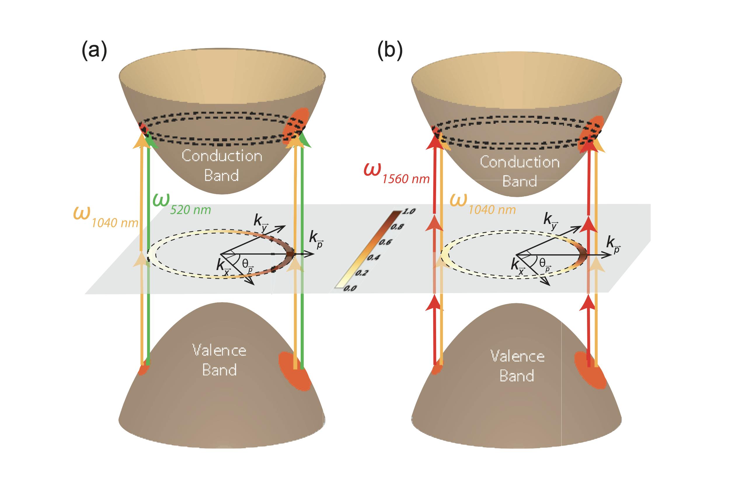 Schematic comparison of carrier injection through a) 1 + 2 and b) 2 + 3 quantum interference within a semiconductor. The higher-order 2 + 3 process concentrates carriers into a narrower range of momentum-space directions and produces a more directional photocurrent.