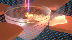 When two pulses of different colored lasers’ light—two waves at top of image—meet in a new device created at the University of Michigan, researchers create a beam of electrons (small golden particles) that flows in a controllable direction. By changing the laser colors, the electron beam can sweep through different directions like the beam of a lighthouse.