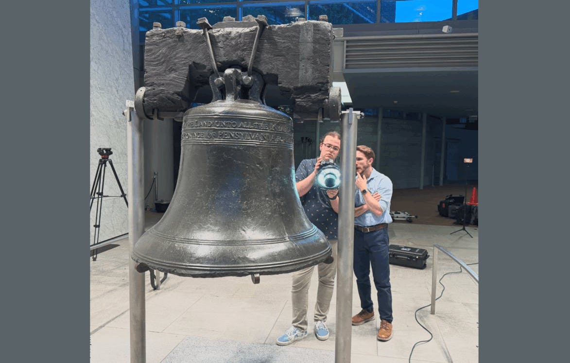VAR Lab researchers capture the Liberty Bell with a Canon EOS R5 Mark II for documentation and photogrammetry during one of three limited-access scanning sessions inside the Liberty Bell Center.