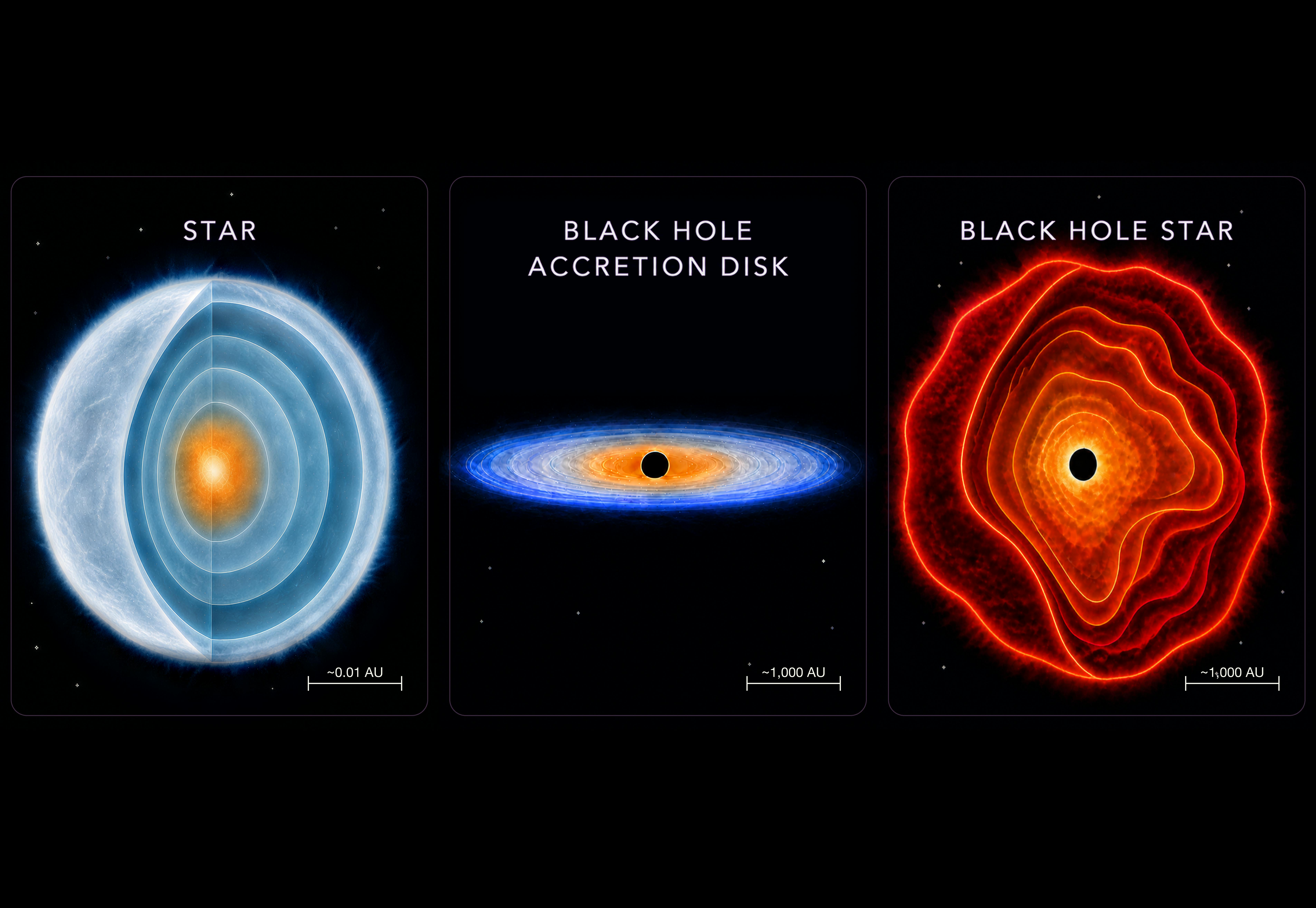 Stars like our Sun (left) may be thought of as a dense ball of gas powered by nuclear fusion. Black holes (center) typically grow by consuming matter via pancake-like accretion disks. Black Hole Stars (right) represent a new kind of astrophysical object&mdash;black holes enshrouded in dense gas so they effectively radiate in a star-like manner. The dense envelope of gas gives the black hole its star-like features. Black Hole Stars are >100,000 times larger than the Sun (~1000 au vs. ~0.01 au), but span a size similar to black hole accretion disks.