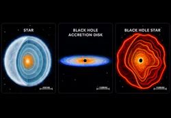 Stars like our Sun (left) may be thought of as a dense ball of gas powered by nuclear fusion. Black holes (center) typically grow by consuming matter via pancake-like accretion disks. Black Hole Stars (right) represent a new kind of astrophysical object—black holes enshrouded in dense gas so they effectively radiate in a star-like manner. The dense envelope of gas gives the black hole its star-like features. Black Hole Stars are >100,000 times larger than the Sun (~1000 au vs. ~0.01 au), but span a size similar to black hole accretion disks.