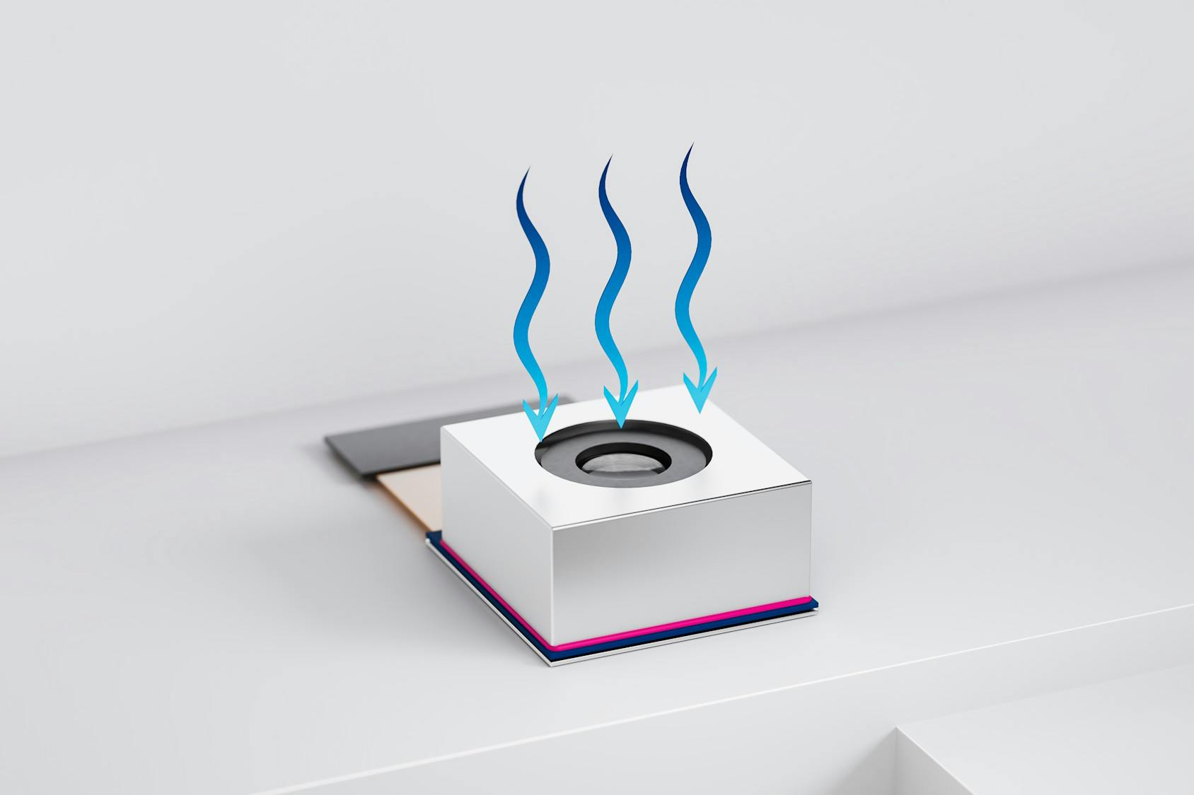 Schematic illustration of a camera module: blue arrows symbolize the low-temperature curing process of new SLT adhesives