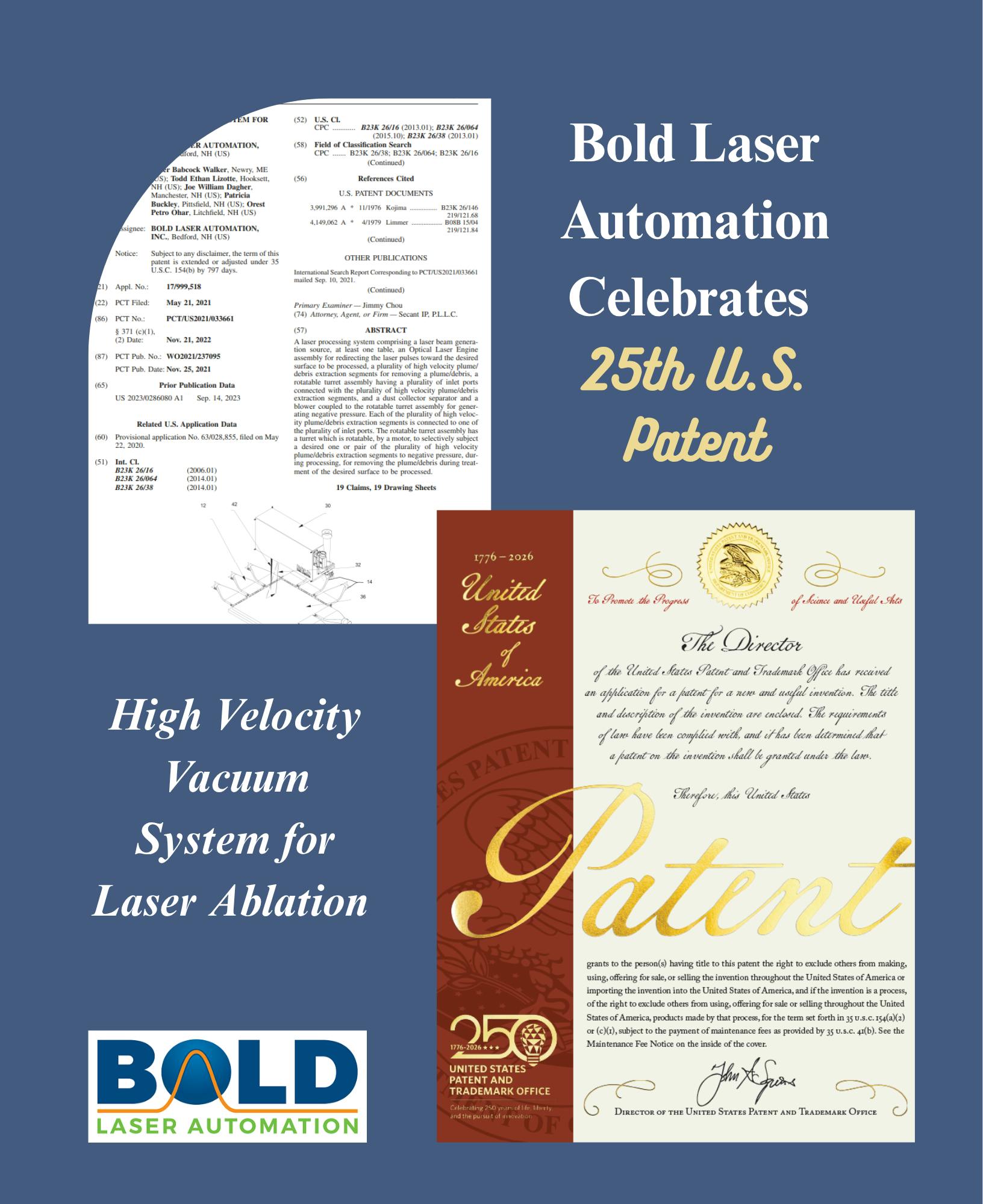 Bold Laser Automation's 25th U.S. Patent marks a significant milestone in the company's history