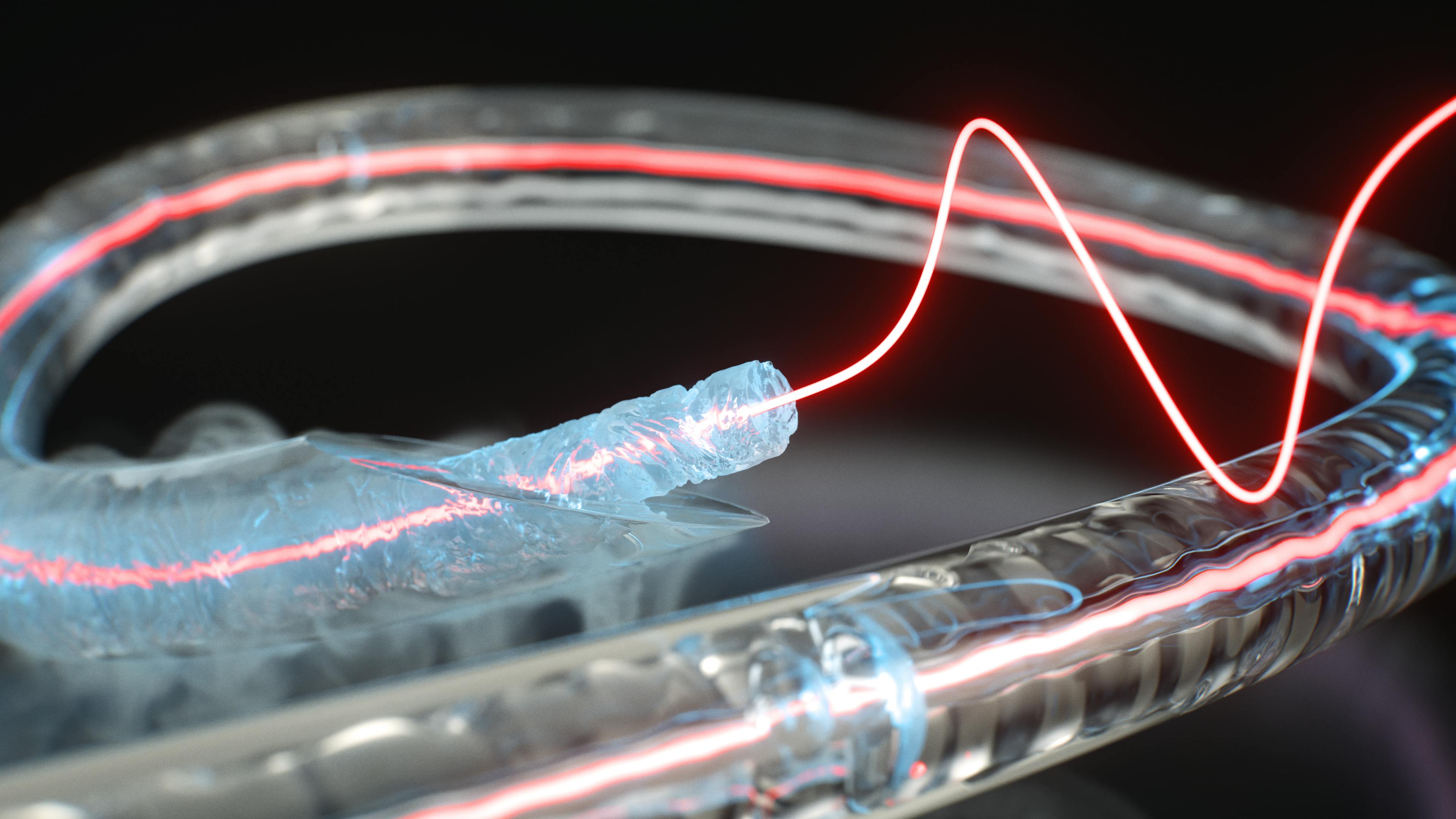 An artist&rsquo;s impression of a frozen optical fiber core within a glass capillary that efficiently guides and couples light and sound waves.