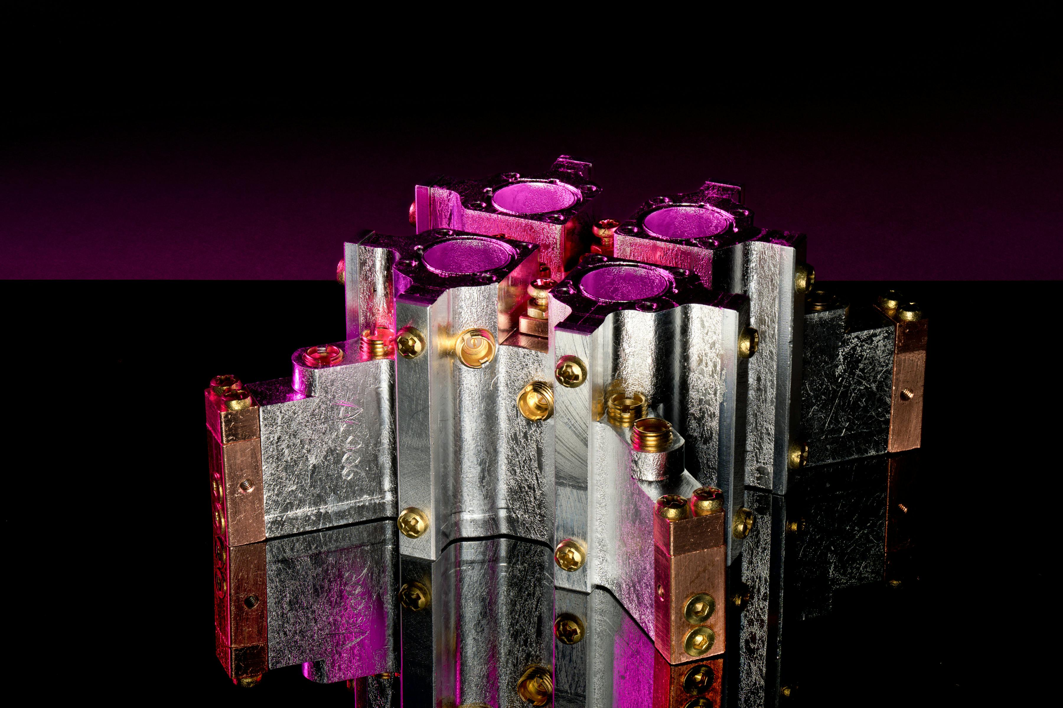 Four-qubit quantum system in an open dilution refrigerator at Nord Quantique's Sherbrooke headquarters.