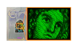 A 20 Euro bill photographed via conventional camera on left, and with its security feature revealed via NIR device on the right.