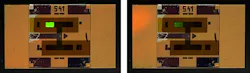The team’s upconverter emits more brightly (green) than a commercial NIR detection card (orange) on the left, and reveals weaker NIR light away from the illumination peak on the right (the card remains dark).