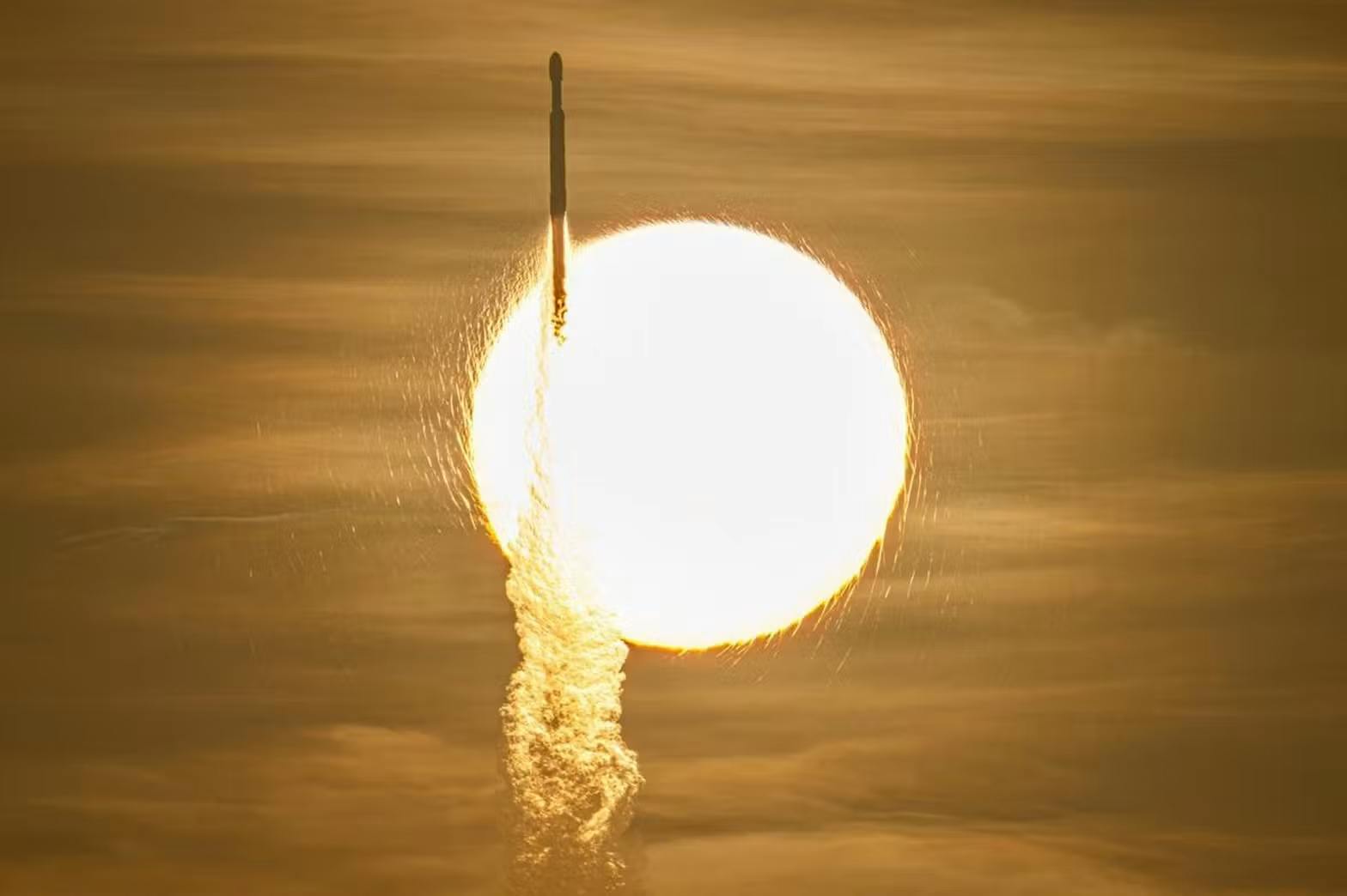 A SpaceX Falcon Heavy rocket with NASA's Nancy Grace Roman Telescope on board is seen transiting the sun during launch from Launch Complex 39A, Sunday, Aug. 30, 2026, at NASA's Kennedy Space Center in Florida.