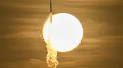 A SpaceX Falcon Heavy rocket with NASA's Nancy Grace Roman Telescope on board is seen transiting the sun during launch from Launch Complex 39A, Sunday, Aug. 30, 2026, at NASA's Kennedy Space Center in Florida.