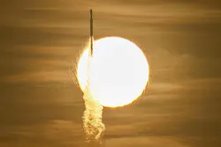 A SpaceX Falcon Heavy rocket with NASA's Nancy Grace Roman Telescope on board is seen transiting the sun during launch from Launch Complex 39A, Sunday, Aug. 30, 2026, at NASA's Kennedy Space Center in Florida.
