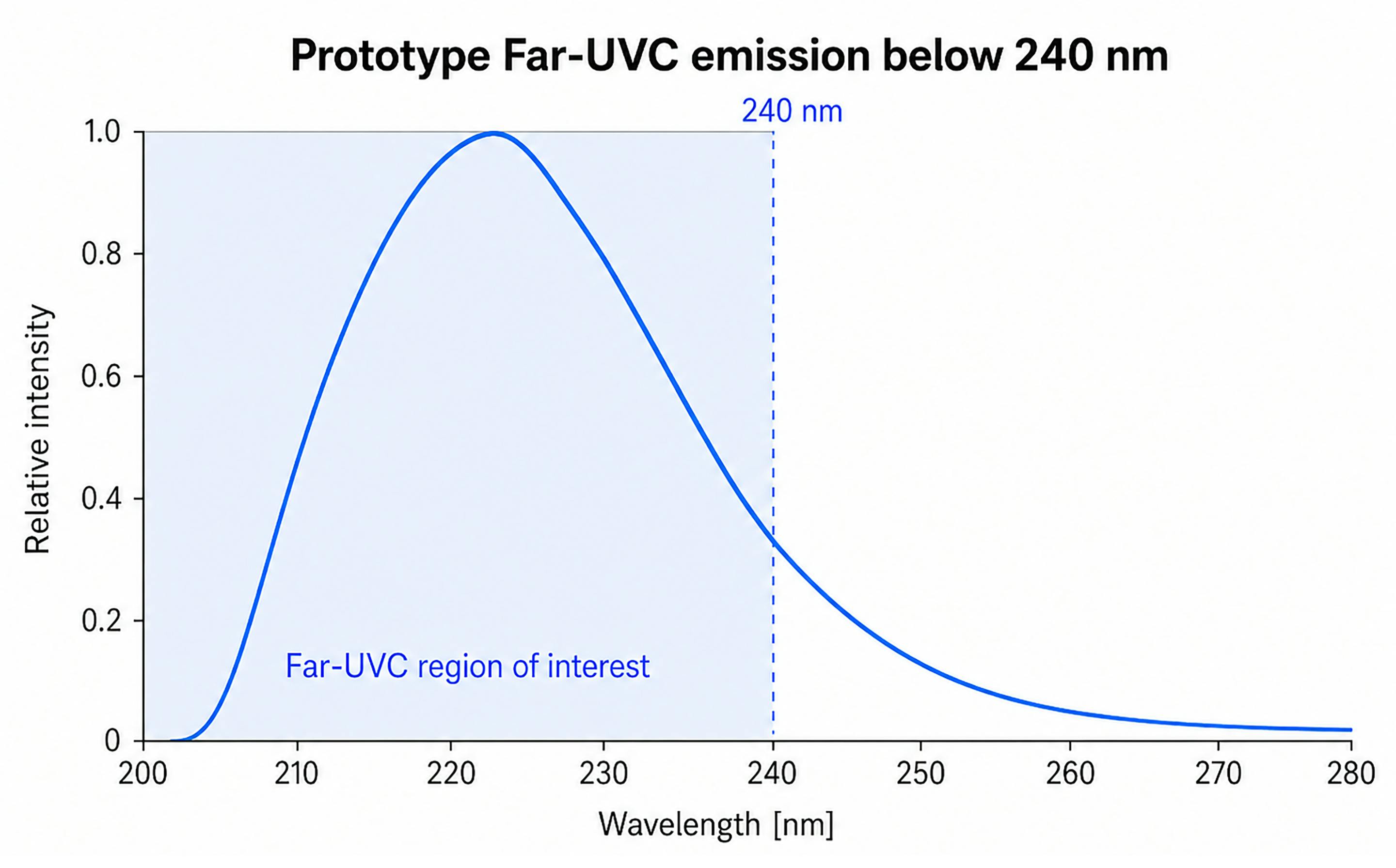 Simplified representation of early PureFize Far-UVC prototype emission, showing deep-UV output below 240 nm. The chart is intended to illustrate the demonstrated wavelength region, not final product performance. Prototype data. Further development, system optimization, performance validation, and safety validation are ongoing.