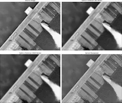 FIGURE 2. Simulated images show the effect of optics, detector, noise, and final sharpened image.