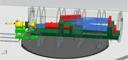 FIGURE 3. This 3D view of the PARAS-2 vacuum chamber shows the ray tracing through the optical elements. The CCD Dewar connection to the vacuum chamber via a bellows is also visible, and the assembly is mounted onto a dynamically isolated pier.
