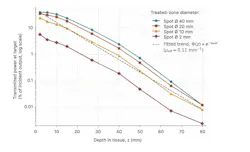 FIGURE 1. Transmitted power at the target as a function of depth in tissue for a 780-nm CW diode laser (250 mW), measured in vivo through human skin and muscle for four treated-zone diameters (Ø 40, 20, 10, and 2 mm), illustrating the near-exponential attenuation of laser energy with penetration depth (unpublished data).