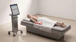 FIGURE 2. Third-generation commercial workstation concept. Conceptual rendering of the multichannel peripheral nerve photobiomodulation system, comprising a mobile console with a touchscreen interface and a base unit with three independent output channels (A, B, C) connected via flexible cables to LED/laser applicators positioned over the injured nerve, the corresponding spinal cord segment, and the innervated muscle, reflecting the triple-target treatment concept.