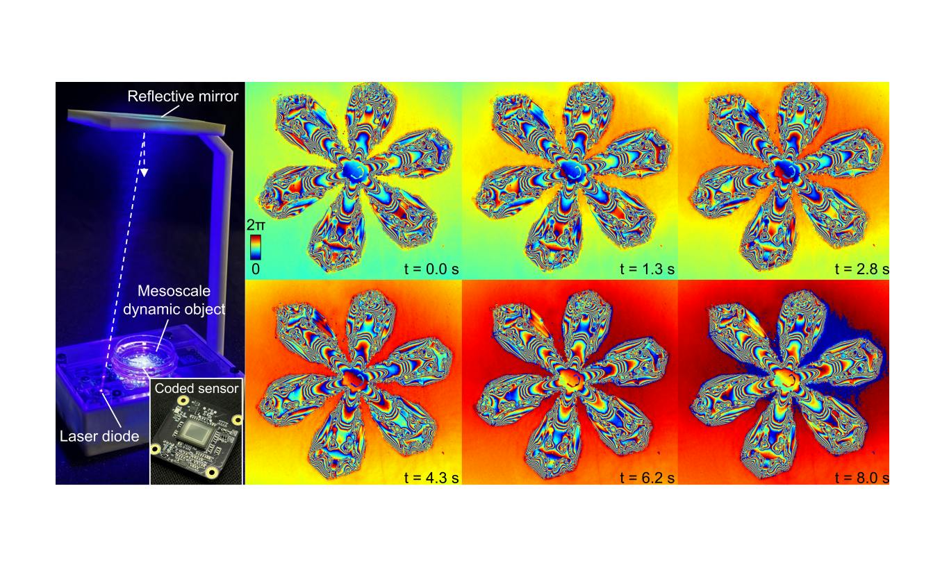 FIGURE 1. The lensless gigapixel video camera. Left: A laser diode in the base illuminates the sample by way of a fold mirror, and the coded sensor (inset) records the diffracted light without any lens. Right: Six moments from a gigapixel video of a melting snowflake. Color is optical phase wrapped over 2&pi;, so each fringe is a contour of equal optical thickness; the shifting background tracks the meltwater film.