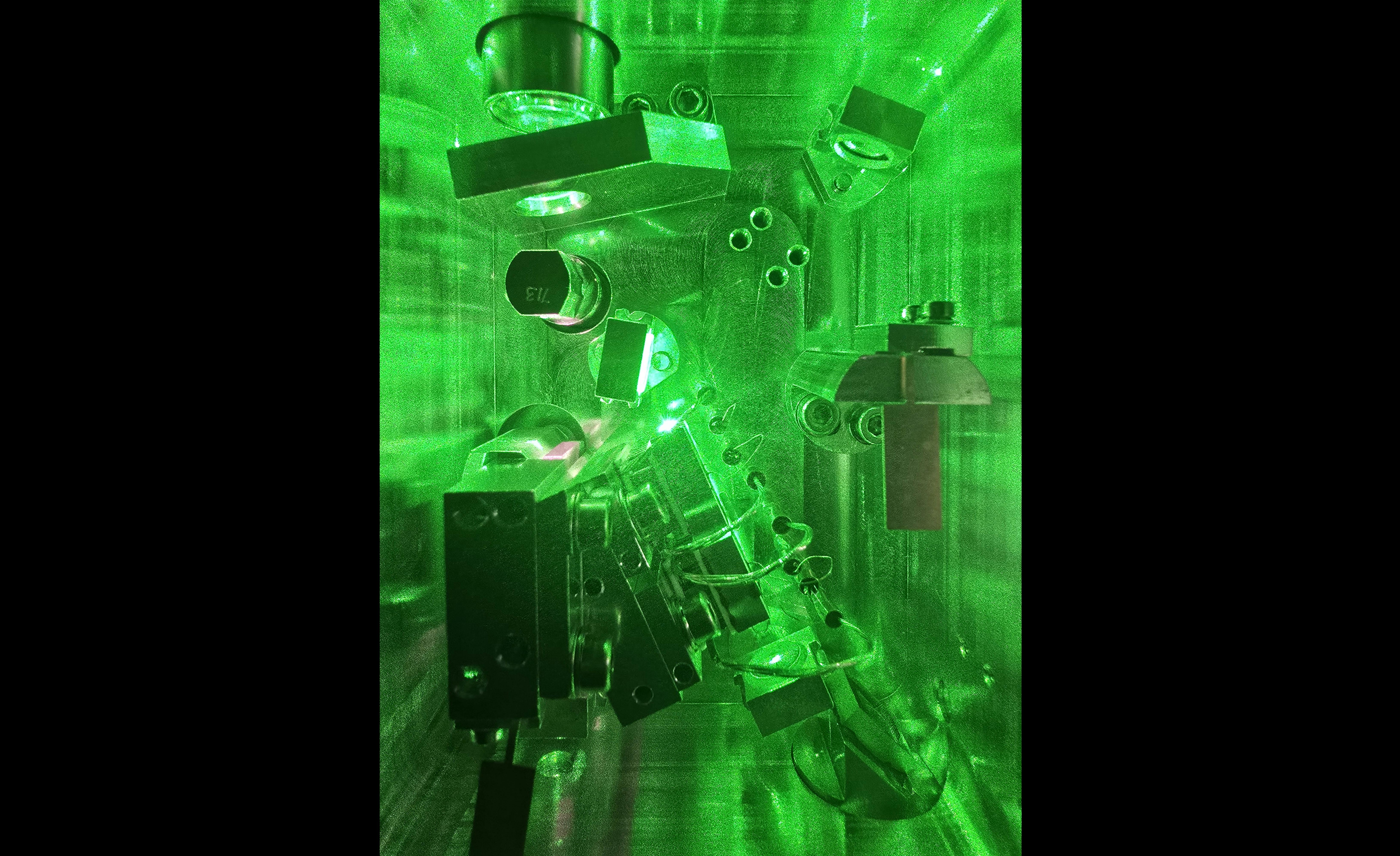 Inside of an older Spectra-Physics laser, a Triton, which has a doubling crystal, the source of the green light. It also has a tripling crystal for UV light.