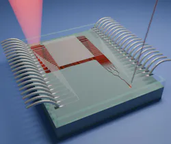 Illustration of a photonic chip used as a wavefront shaper. Laser light comes in from an external source and enters the chip through an optical fiber, gets modified as it travels through the chip, and is then emitted in a high-resolution wavefront modulation.