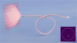 Illustration of wavefront shaping through a multimode fiber using integrated photonics. By shaping the incoming light, light traveling over different paths inside the fiber can be brought back into focus to enable high-resolution imaging.