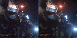 Photon-level SPAD imaging and downstream processing. Left: A frame formed from raw SPAD photon detections, free of read noise but dominated by shot noise due to limited photon counts. Right: The same scene after processing, which produces a clean image suitable for downstream perception without motion blur or sensor noise artifacts.